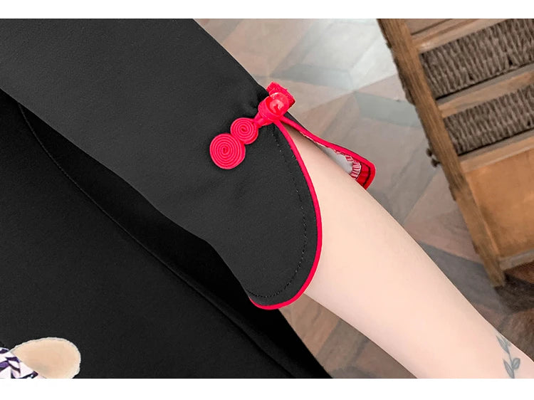 Plus Size 4XL Black Peking Opera Print Fashion Modern Cheongsam Dress Women Short Sleeve Qipao Traditional Chinese Style Clothes