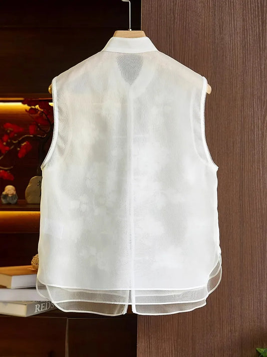 Floral Embroidered Jacquard Chiffon Vest Women Retro Chinese Vintage Ethinic Style Sleeveless Tops Oversized