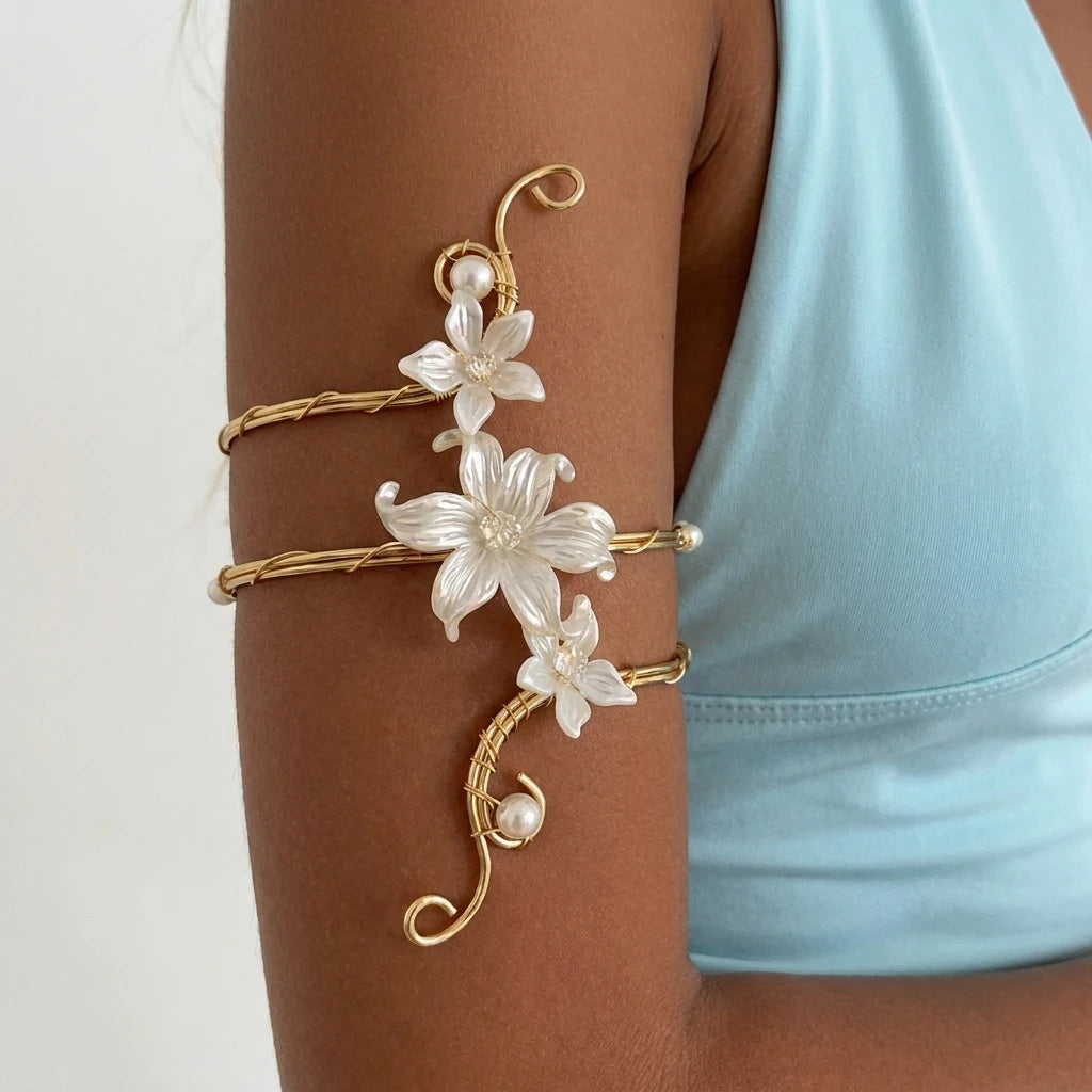 Elegant Gold Color Wire-Wrapped Upper Arm Cuff for Women Romantic Pink Iris Flower Armlet Bracelet Beach Party Charms Jewelry