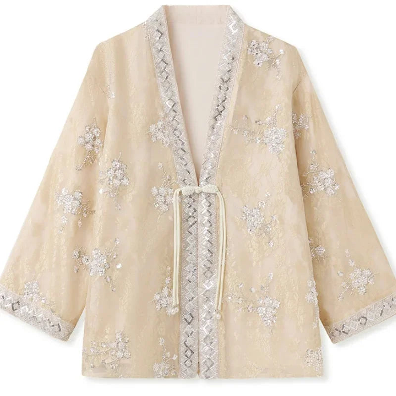 Chinese Style Tang Clothes Sequin Embroidery Hanfu Vintage Mandarin Collar Jacket Lady Elegant Tops Autumn Spring Outwear