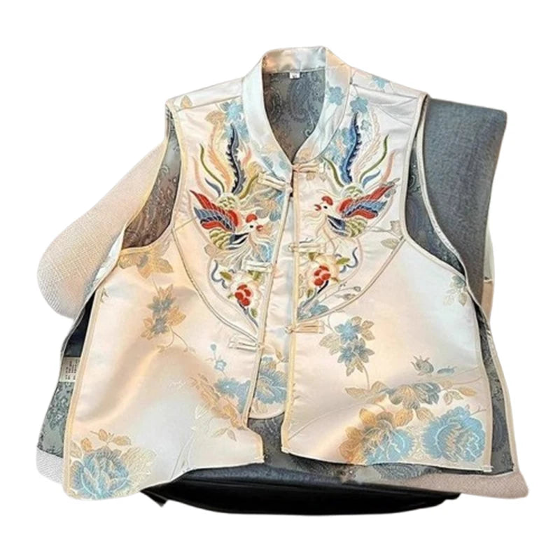 Embroidered Vest Women Chinese Style Vintage Vest Sleeveless Retro Buckle Tops Female Summer New Fashion