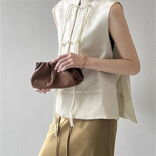 Chinese New Plate Button Vest Jacket 2025 Spring New Jacquard Stand Collar Sleeveless Waistcoat Retro Women Cheongsam Tops