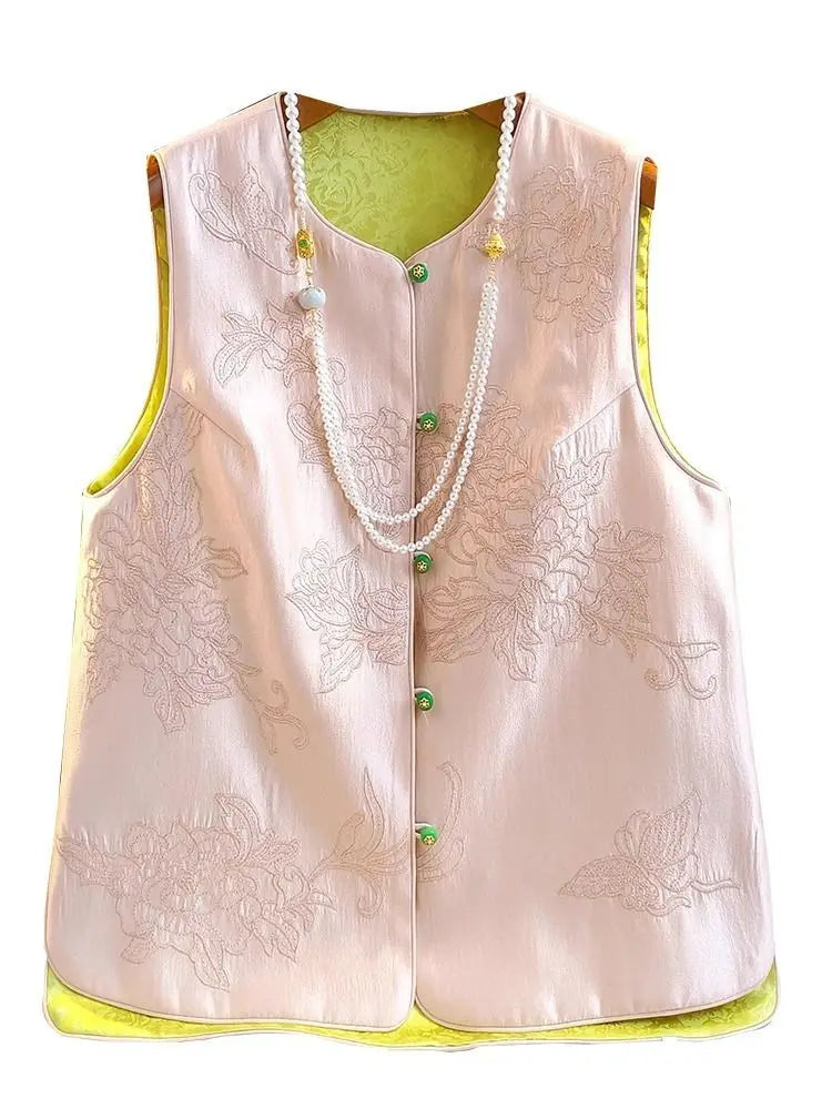 Satin Silk Embroidered Vest Women Chinese Style Vintage Vest Sleeveless Retro Tops Female Autumn New Fashion