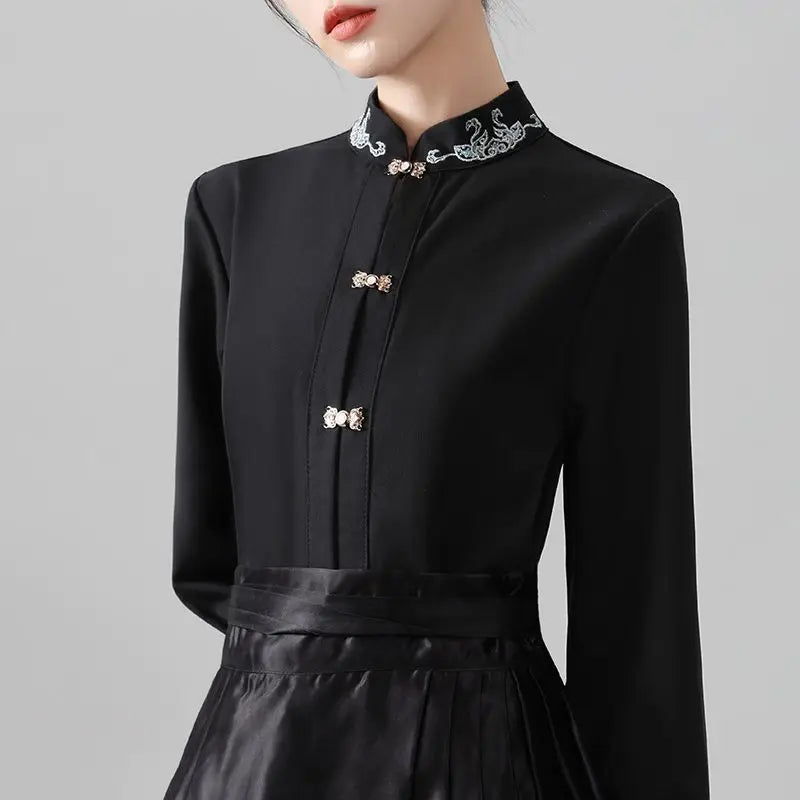 Chinese Style Standing Collar Long Sleeved Shirt for Early Spring Style with Embroidered Chinese Style Women's Clothing Inside