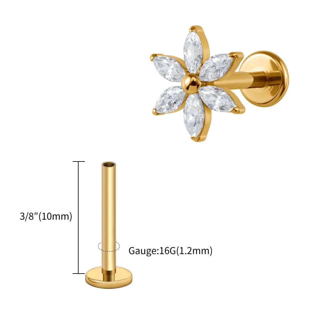 Right Grand ASTM F136 Titanium 16G Marquise Flower CZ Labret Stud Helix Conch Cartilage Tragus Flat Back Piercing Body jewelry