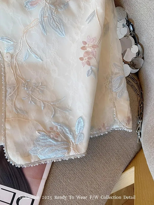 Floral Embroidery Vest Women Ruffle Sleeveless Embroidered Tops Chinese Style Ethnic Vintage Tang Vest