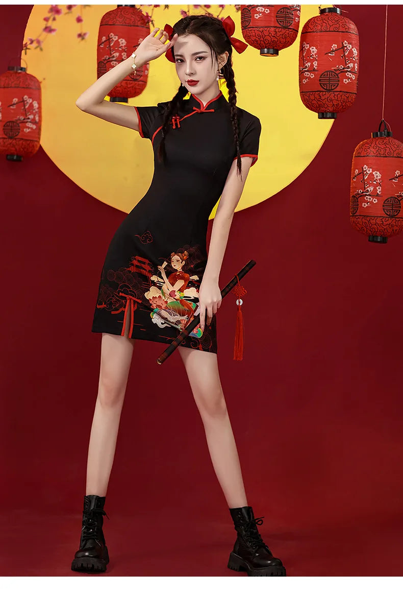 Niche Design Sense Chinese Style Printed Improved Qipao Y2K Vintage High Street Cheongsams Chinese Dress 치파오 китайское платье