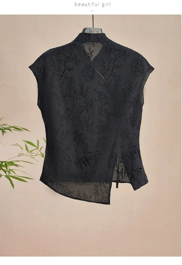 Retro Thin Shirt New Chinese Style Cheongsam Top Black Jacquard Short Sleeve T-shirt Summer Mature Fashion Women's Clothing