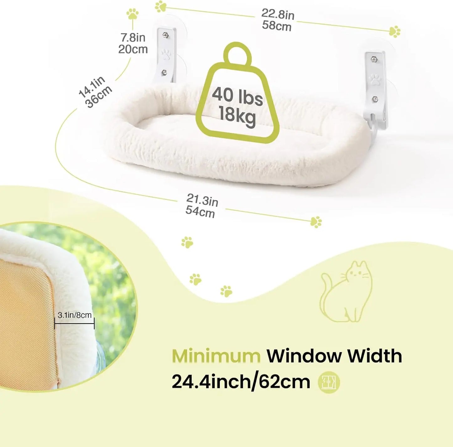 Mewoofun Foldable Cat Window Perch with 4 Strong Suction Cups Cordless Cat Window Hammock Removable Soft Cover White Brown Green