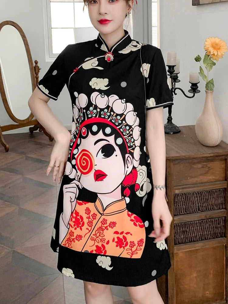Chinese Traditional National Style Fashion Cartoon Printing Qipao Dress Summer Short Sleeve Elegant Modern Improved Cheongsam