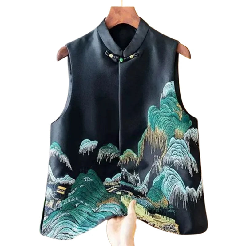 Satin Silk Embroidered Vest Women Chinese Style Vintage Vest Sleeveless Retro Tops Female Autumn New Fashion
