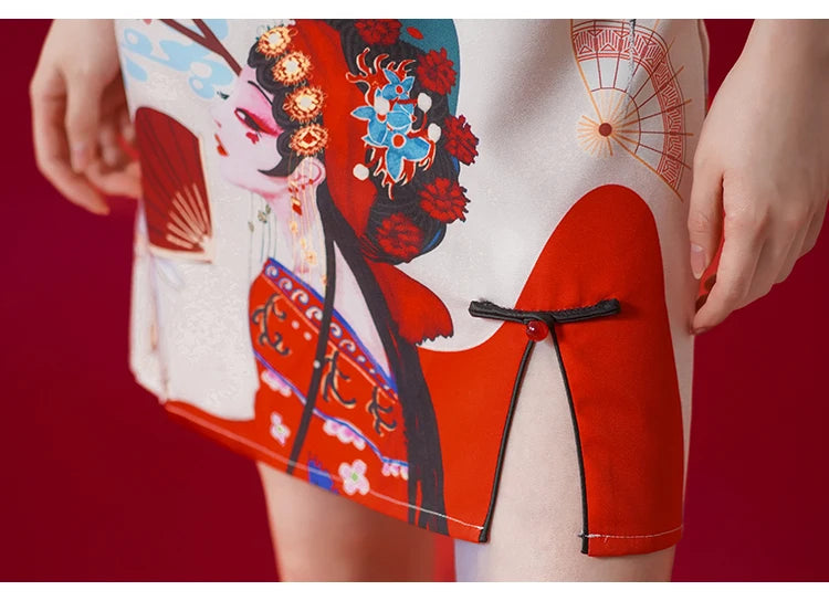 Women's Modern Cheongsam Dress - Red Retro Floral Print Qipao Modern Chic Chinese Style Party Dress