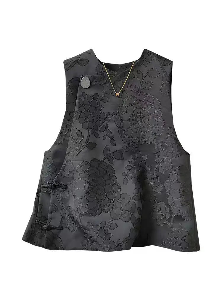 Floral Embroidery Jacquard Vest Women Black Sleeveless Embroidered Tops Chinese Style Ethnic Vintage Tang Vest
