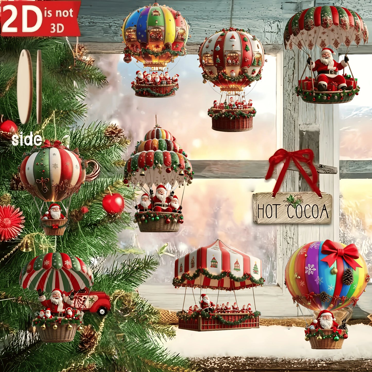 10Pcs Christmas Wooden Hot Air Balloon Santa Claus 2D Flat Wooden Pendant Christmas Tree Decoration Perfect Holiday Gift Decor