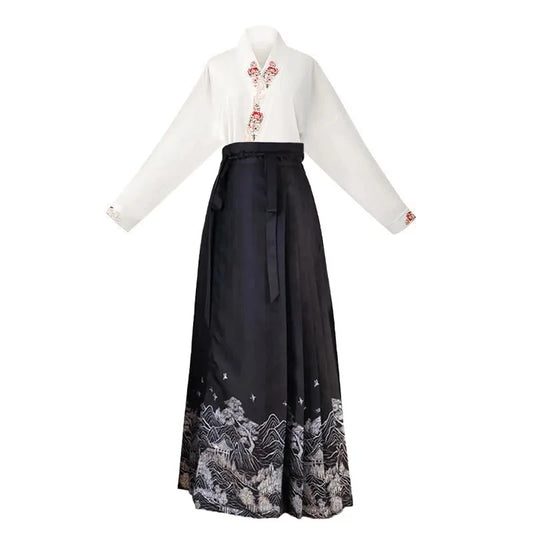 New Chinese Horse Face Skirt Two-piece Women's 2024 New Hanfu Female Tops Fashion Loose Print Birthday Party Banquet Dance Dress