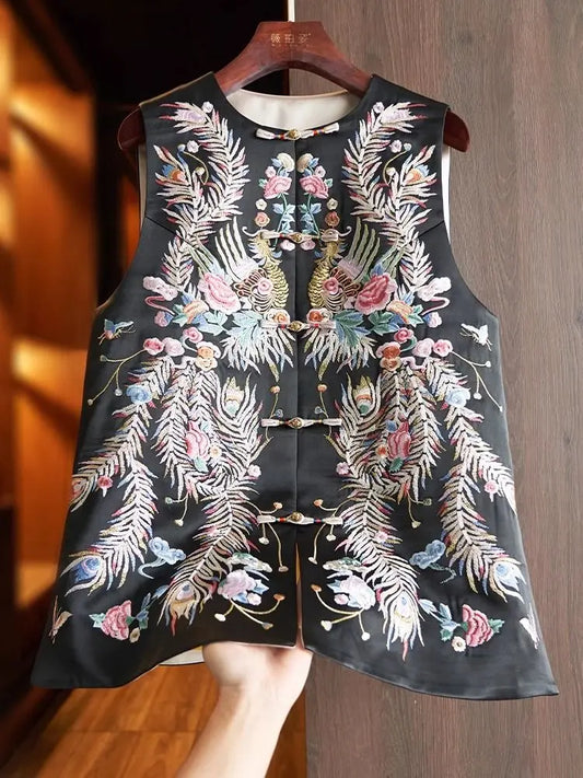 Floral Embroidery Vest Women Sleeveless Embroidered Retro Tops Chinese Style Ethnic Vintage Tang Vest