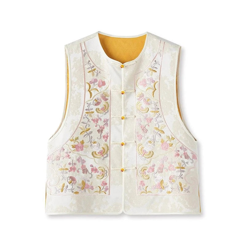Embroidered Satin Silk Vest Women's Round Neck Ethnic Style Embroidery Sleeveless Top Chinese National Top