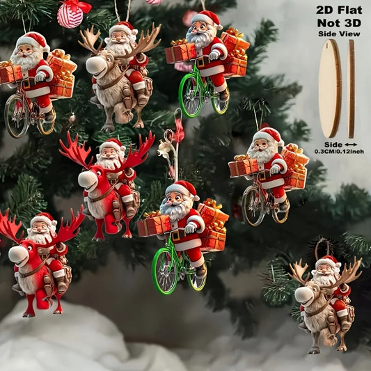 8/16/24Pcs Christmas Wooden Bicycle Santa Claus 2D Flat Wooden Pendant Christmas Tree Decoration Perfect Holiday Gift Decor
