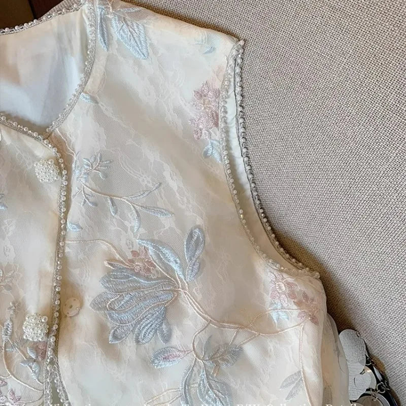 Floral Embroidery Vest Women Ruffle Sleeveless Embroidered Tops Chinese Style Ethnic Vintage Tang Vest