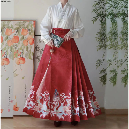 Vintage Women Chinese Traditional Hanfu Cardigan Shirt + Blue Pleated Mamian Skirt Chinese Hot Hanfu Shirt Horse Face Skirt Set