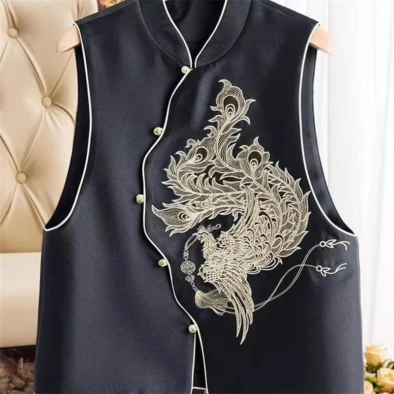 Women's Vest Women's Jackets Chinese Style Golden Phoenix Embroidered Spring and Autumn Vest Women's Single-breasted Vest Coat