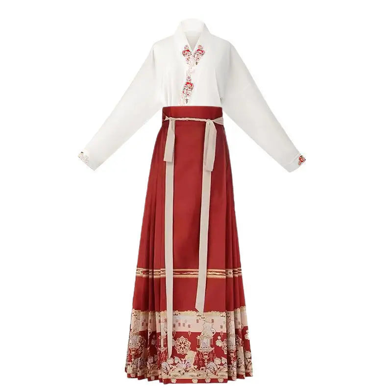 New Chinese Horse Face Skirt Two-piece Women's 2024 New Hanfu Female Tops Fashion Loose Print Birthday Party Banquet Dance Dress