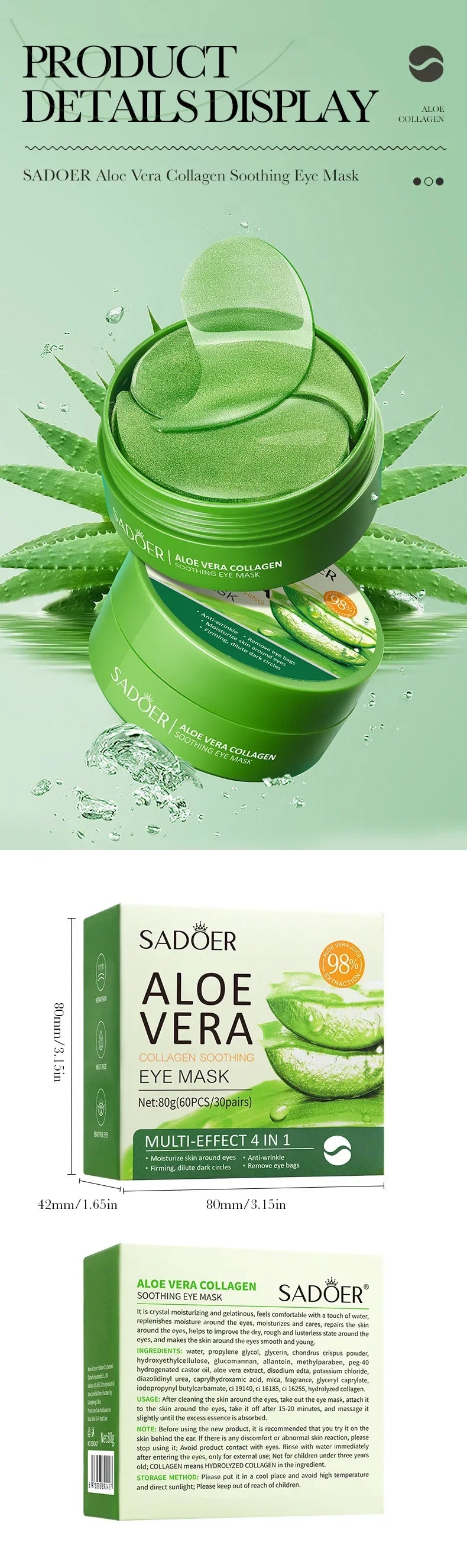 60 Pieces of Aloe Vera Collagen Eye Mask Moisturizing Firming , Bright and Transparent Eye Mask Patches, Suitable for All Skin