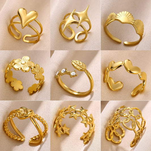 Stainless Steel Flower Open Rings For Women Trend Wedding Heart Jewelry Gold Color Geometric Hollow Ring Daily Accessories Gift