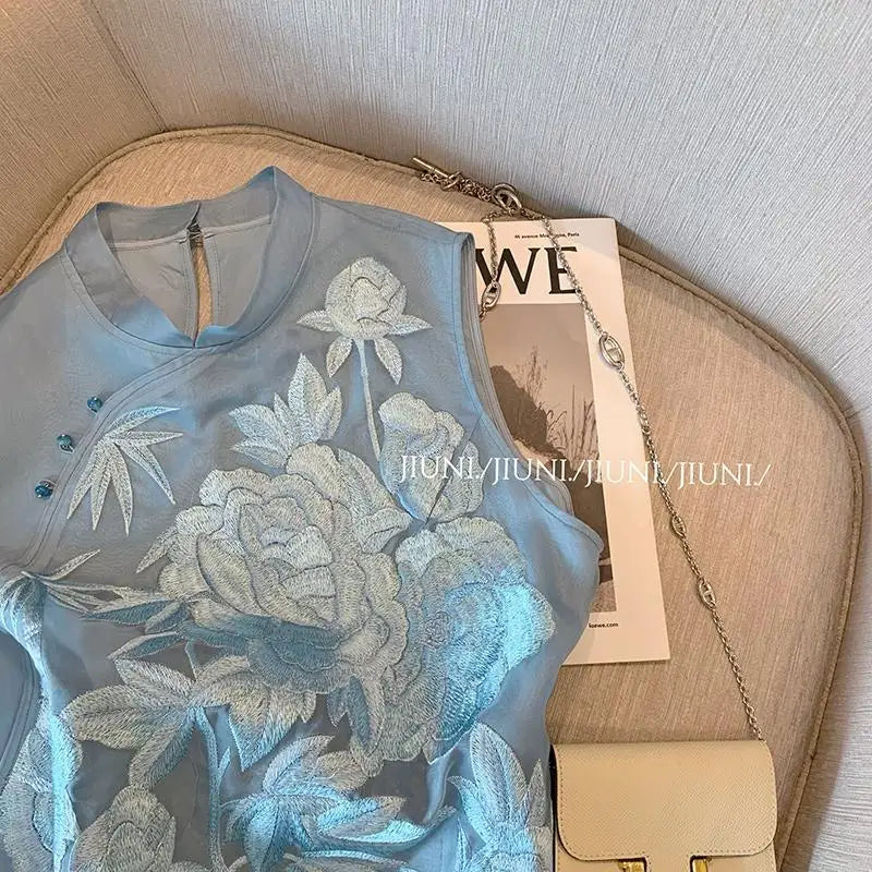 Summer Sleeveless Shirt Embroidered Slanted Stand Collar Chiffon Top Elegance Vest Blouse Chinese Style Women's Clothing