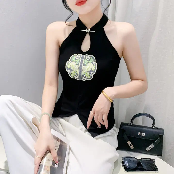 Chinese Style Embroidered Halterneck Vest Ladies Sleeveless Summer Wear Off-the-shoulder Small Suspender Chinese Slim Tank Top