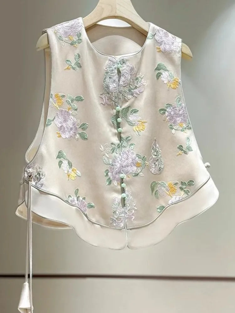 Satin Silk Embroidered Vest Women Chinese Style Vintage Vest Sleeveless Retro Tops Female Autumn New Fashion