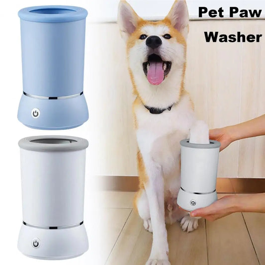 MUO Studios automatic pet paw cleaner in blue and white with dog using the pet paw washer