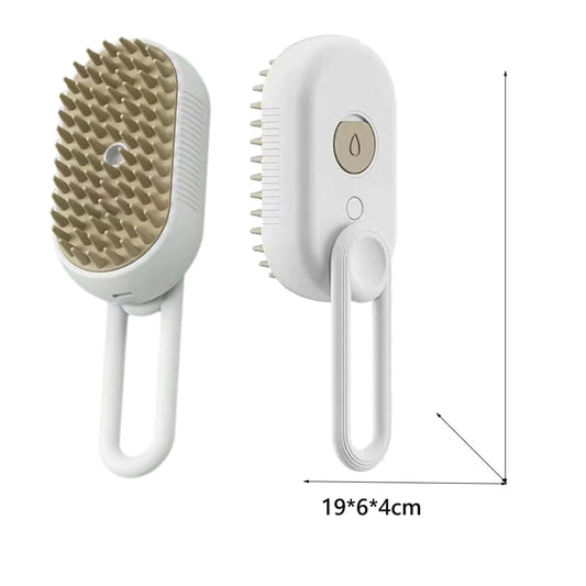 MUO Studios rechargeable pet spray brush with soft bristles and ergonomic handle in white
