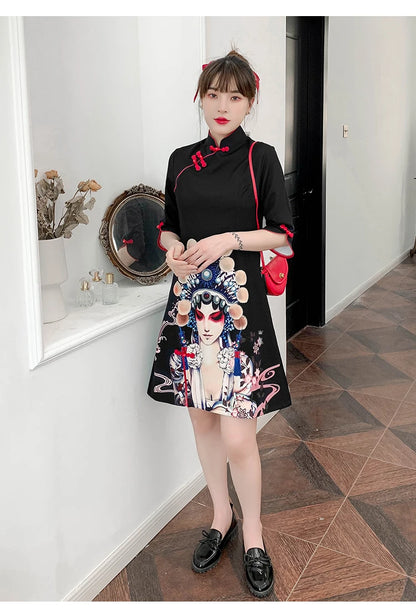 Plus Size 4XL Black Peking Opera Print Fashion Modern Cheongsam Dress Women Short Sleeve Qipao Traditional Chinese Style Clothes