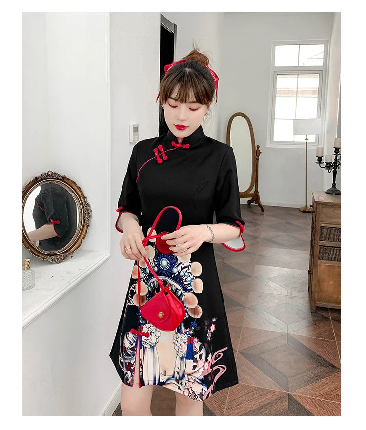 Plus Size 4XL Black Peking Opera Print Fashion Modern Cheongsam Dress Women Short Sleeve Qipao Traditional Chinese Style Clothes