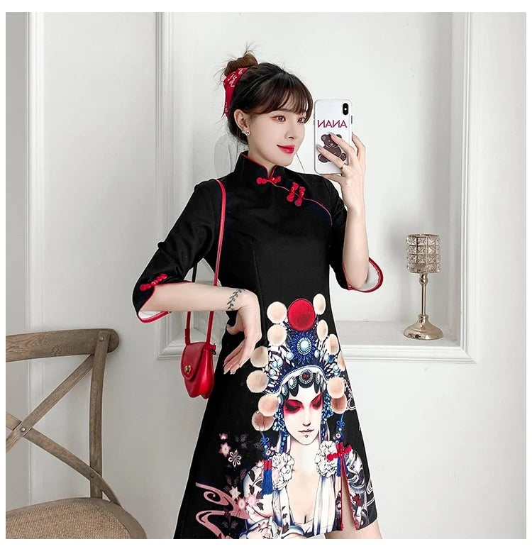 Plus Size 4XL Black Peking Opera Print Fashion Modern Cheongsam Dress Women Short Sleeve Qipao Traditional Chinese Style Clothes