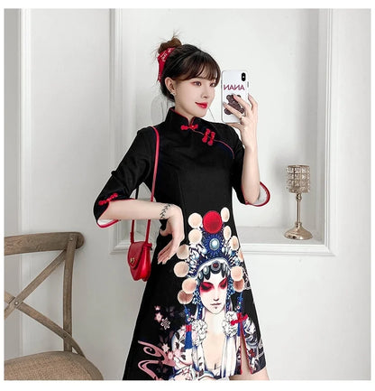 Plus Size 4XL Black Peking Opera Print Fashion Modern Cheongsam Dress Women Short Sleeve Qipao Traditional Chinese Style Clothes