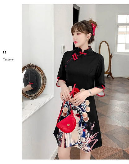 Plus Size 4XL Black Peking Opera Print Fashion Modern Cheongsam Dress Women Short Sleeve Qipao Traditional Chinese Style Clothes