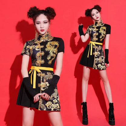 Sexy Chinese Style Clothing Women 2 Piece Set Mandarin Collar Festival Outfit Tang Suit Asian Cheongsam Stage Outfits