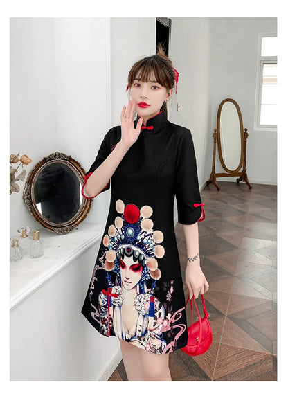 Plus Size 4XL Black Peking Opera Print Fashion Modern Cheongsam Dress Women Short Sleeve Qipao Traditional Chinese Style Clothes