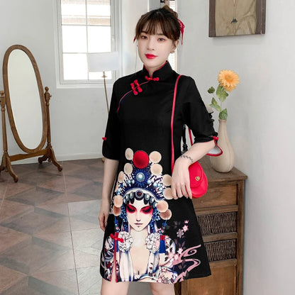 Plus Size 4XL Black Peking Opera Print Fashion Modern Cheongsam Dress Women Short Sleeve Qipao Traditional Chinese Style Clothes