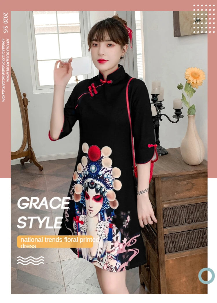 Plus Size 4XL Black Peking Opera Print Fashion Modern Cheongsam Dress Women Short Sleeve Qipao Traditional Chinese Style Clothes