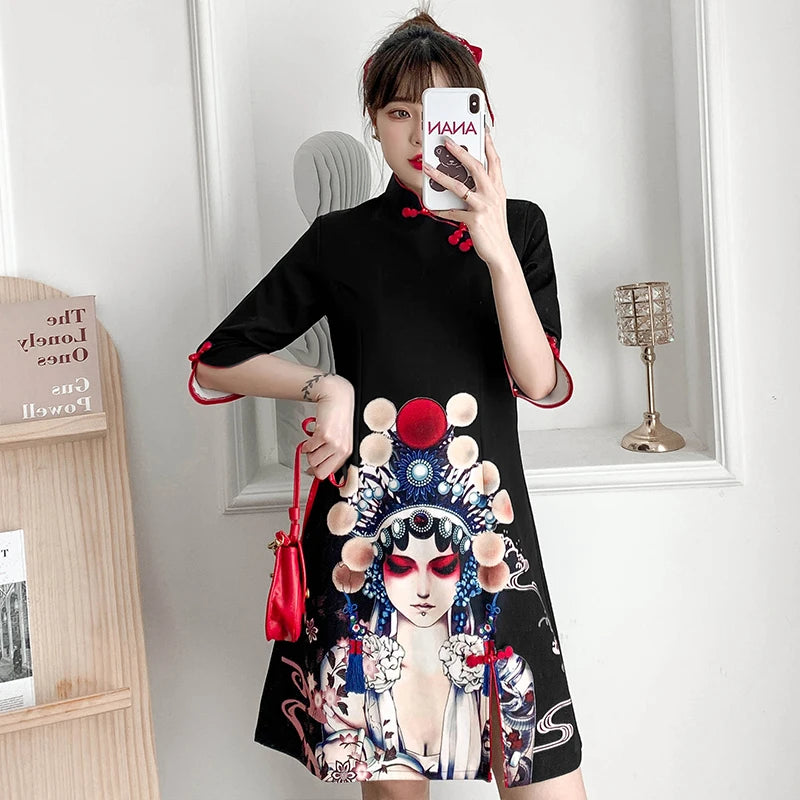 Plus Size 4XL Black Peking Opera Print Fashion Modern Cheongsam Dress Women Short Sleeve Qipao Traditional Chinese Style Clothes