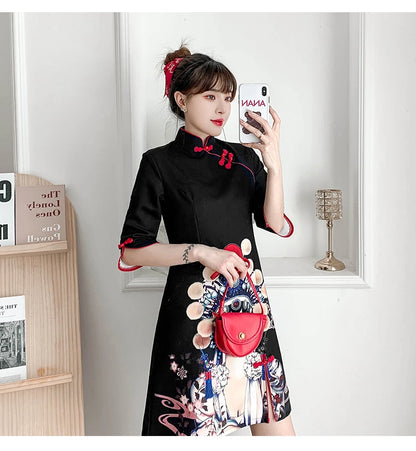 Plus Size 4XL Black Peking Opera Print Fashion Modern Cheongsam Dress Women Short Sleeve Qipao Traditional Chinese Style Clothes