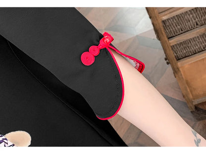 Plus Size 4XL Black Peking Opera Print Fashion Modern Cheongsam Dress Women Short Sleeve Qipao Traditional Chinese Style Clothes