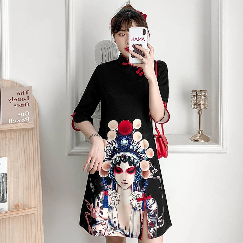 Plus Size 4XL Black Peking Opera Print Fashion Modern Cheongsam Dress Women Short Sleeve Qipao Traditional Chinese Style Clothes