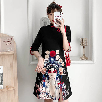 Plus Size 4XL Black Peking Opera Print Fashion Modern Cheongsam Dress Women Short Sleeve Qipao Traditional Chinese Style Clothes