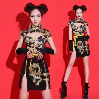 Sexy Chinese Style Clothing Women 2 Piece Set Mandarin Collar Festival Outfit Tang Suit Asian Cheongsam Stage Outfits