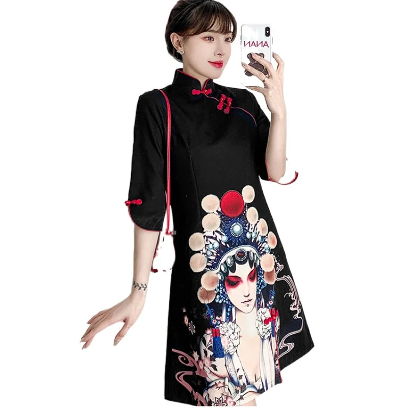 Plus Size 4XL Black Peking Opera Print Fashion Modern Cheongsam Dress Women Short Sleeve Qipao Traditional Chinese Style Clothes