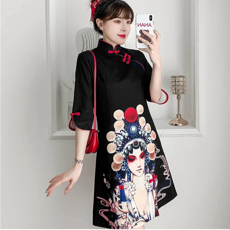Plus Size 4XL Black Peking Opera Print Fashion Modern Cheongsam Dress Women Short Sleeve Qipao Traditional Chinese Style Clothes